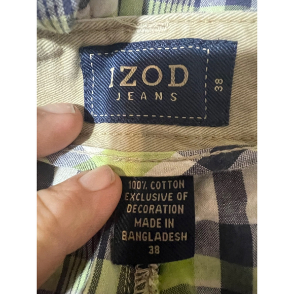 Men's IZOD Plaid Cargo Shorts Size 38 Green Navy - Picture 3 of 3
